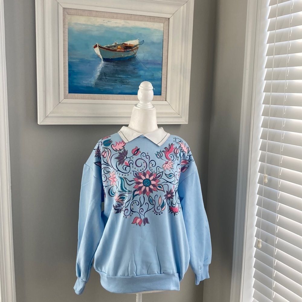 Vintage 80s 90s Haband For Her Collared Floral Blue Sweatshirt Small